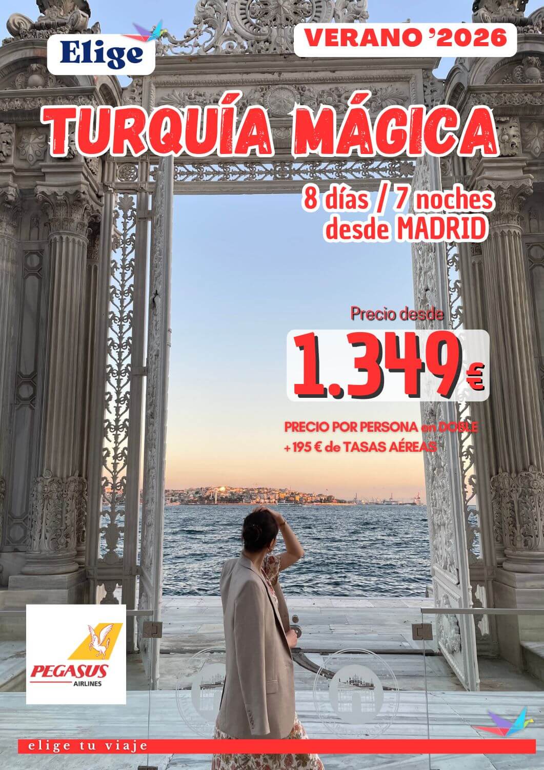 Circuito TURQUÍA MÁGICA Verano 2026 (julio y agosto) desde MADRID (8 días/7 noches). Incluye: vuelo regular Madrid-Estambul y Esmirna-Estambul-Madrid (con maleta facturada de 20 kg); 7 noches en los hoteles previstos o similares según opción elegida, en habitaciones estándar con baño-ducha privado; régimen según lo indicado en programa (6 desayunos + 4 cenas); visitas/excursiones indicadas en el programa con guía local de habla hispana y entradas; traslados aeropuerto-hotel-aeropuerto y seguro turístico de viaje (inclusión), para agencias de viajes con ELIGE TU VIAJE.